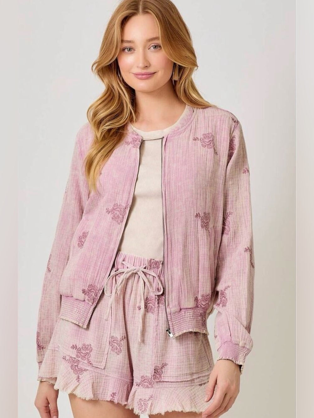 NWT Mystree Floral Embroidered Cotton Gauze Bomber Jacket and Shorts Set.